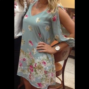Open shoulder light teal floral dress